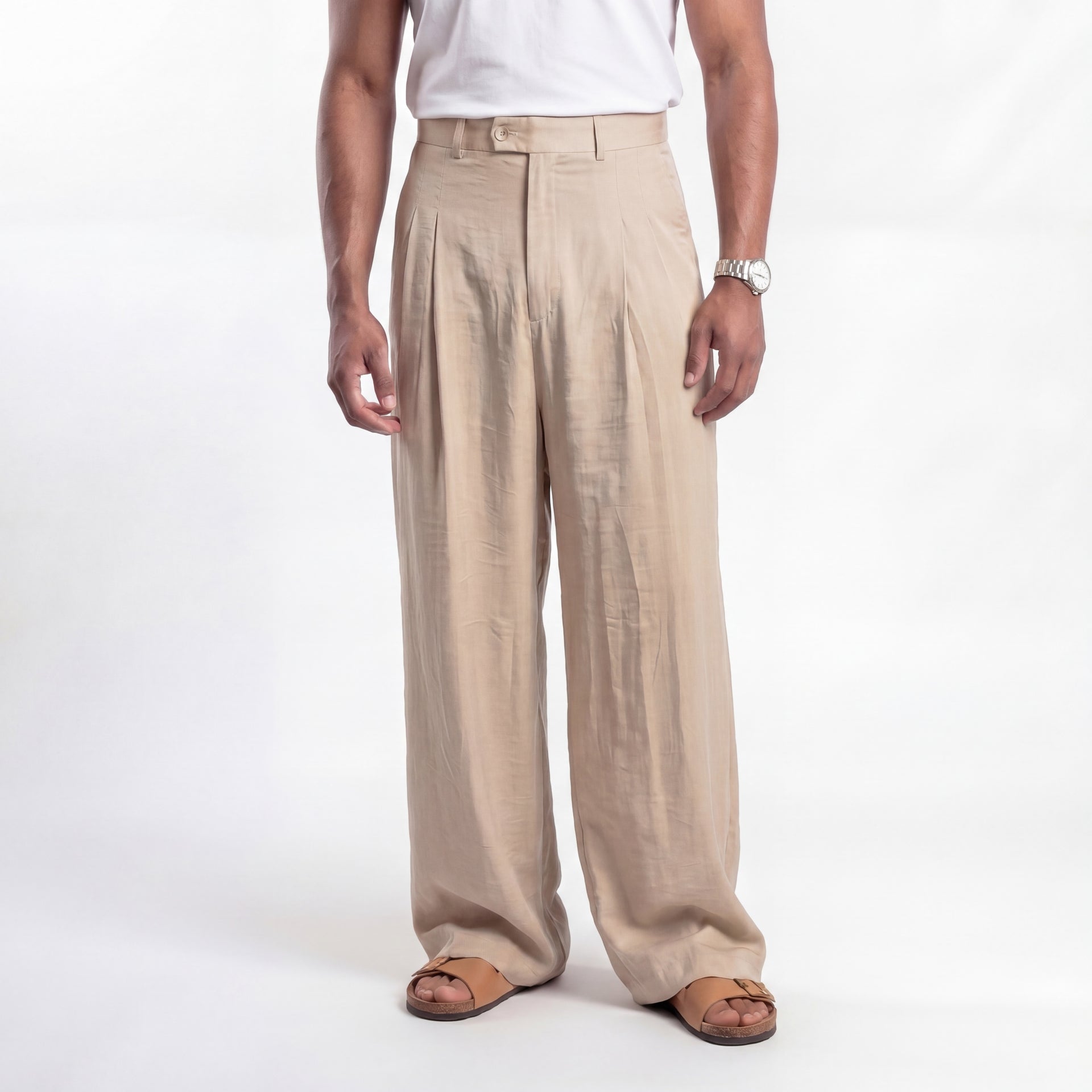 Wide-Leg Pleated Linen Pants