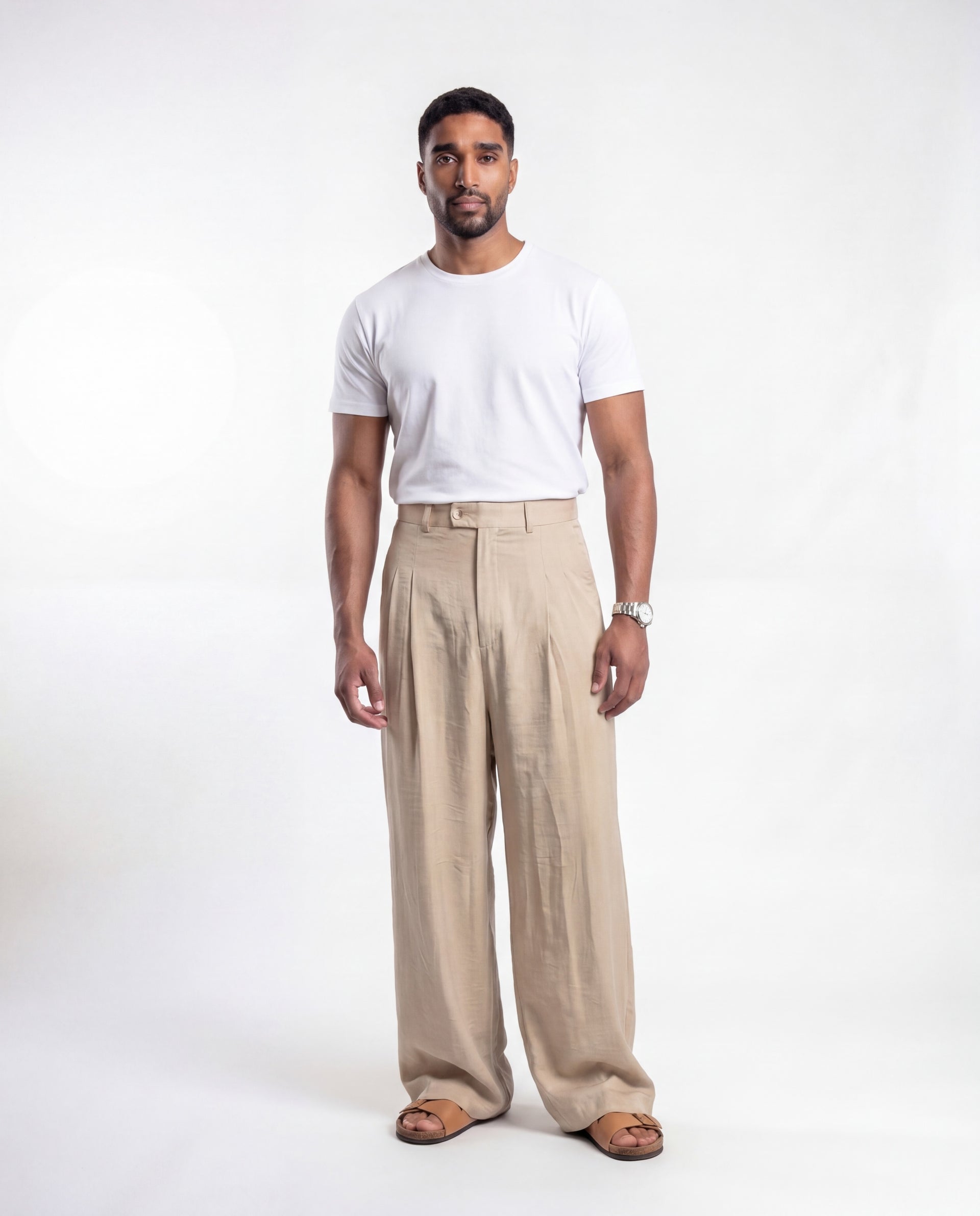 Wide-Leg Pleated Linen Pants