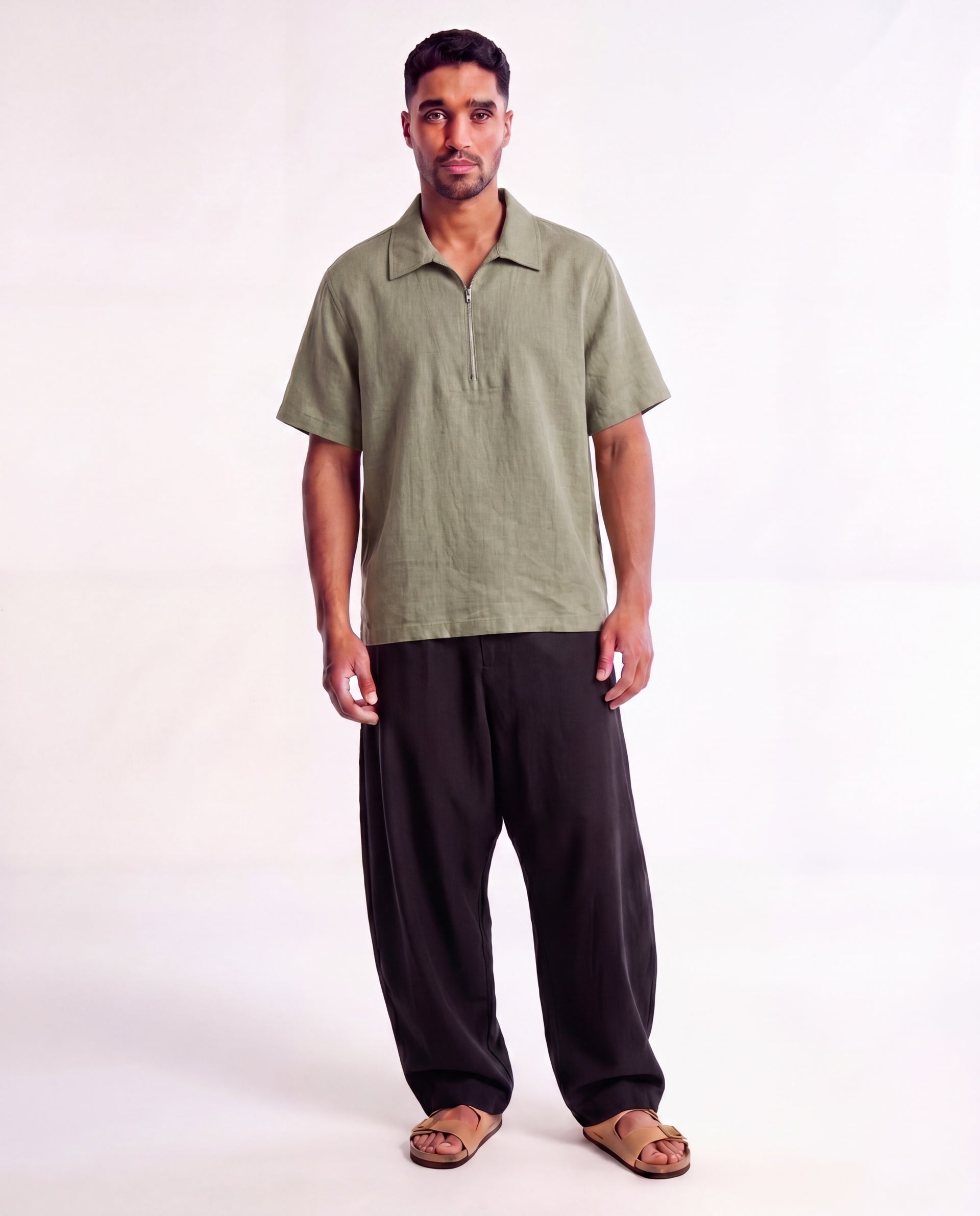 Linen Half Zip-up Polo
